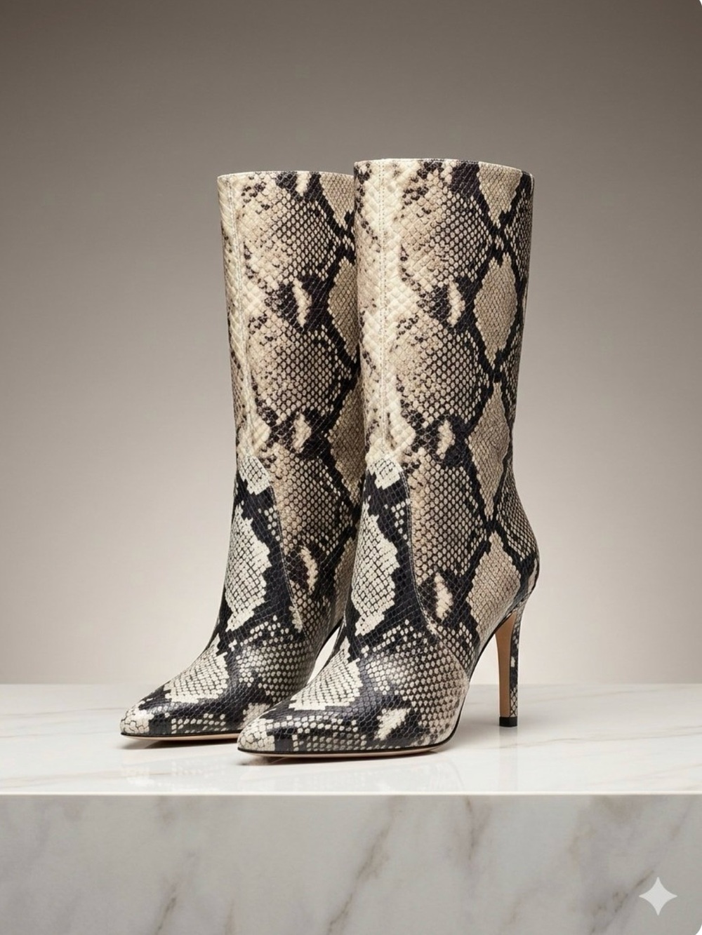Stuart Weitzman Snake-Print Mid-Calf Stiletto Boots  - Size 6B